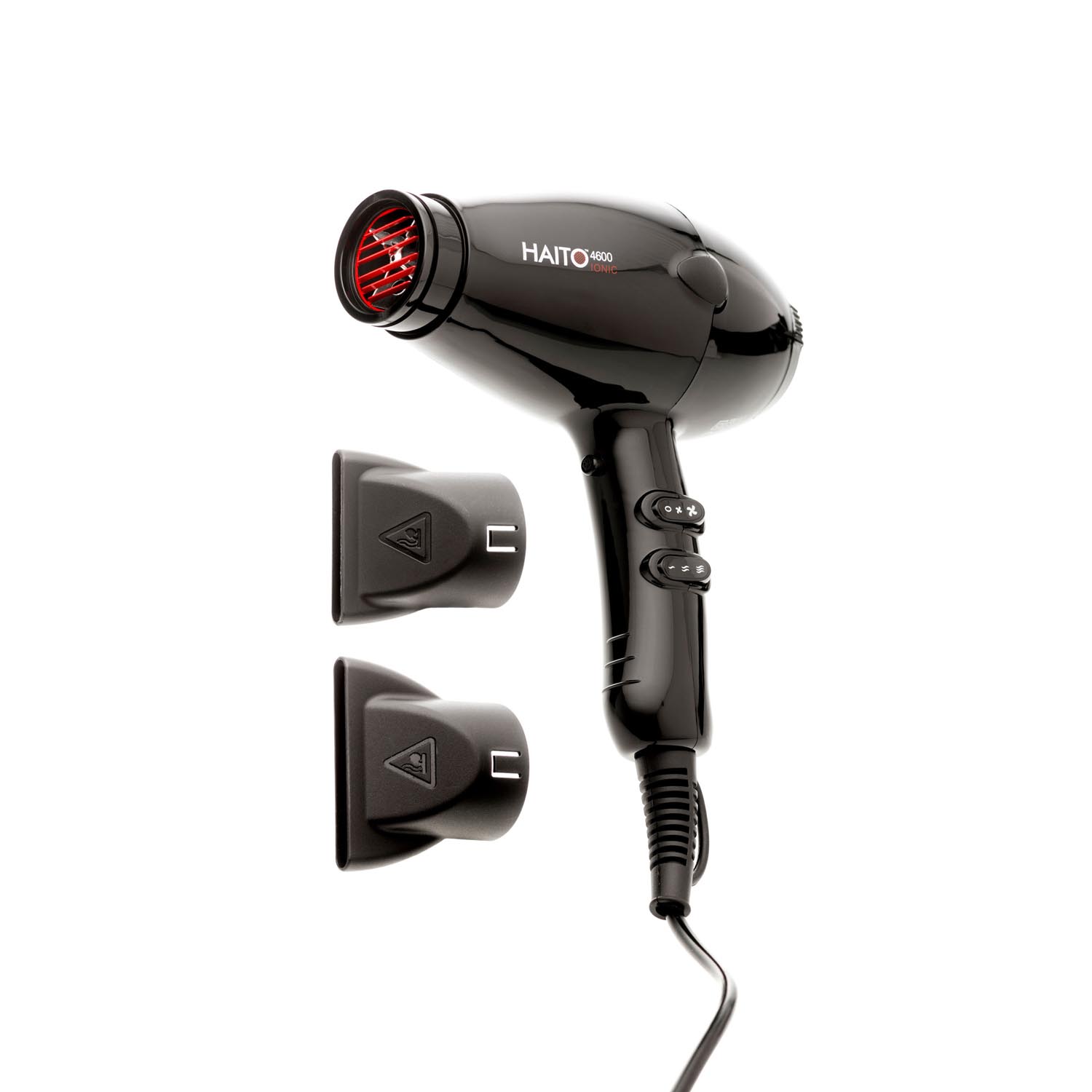 Studio packshot photography of a professional hair dryer on a white background